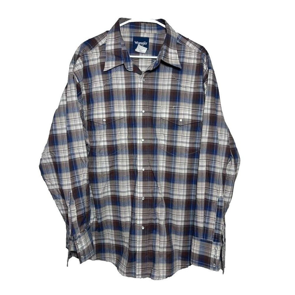 Wrangler Button Down Shirt Pearl Snap Men 2XL Brown Plaid Long Sleeve